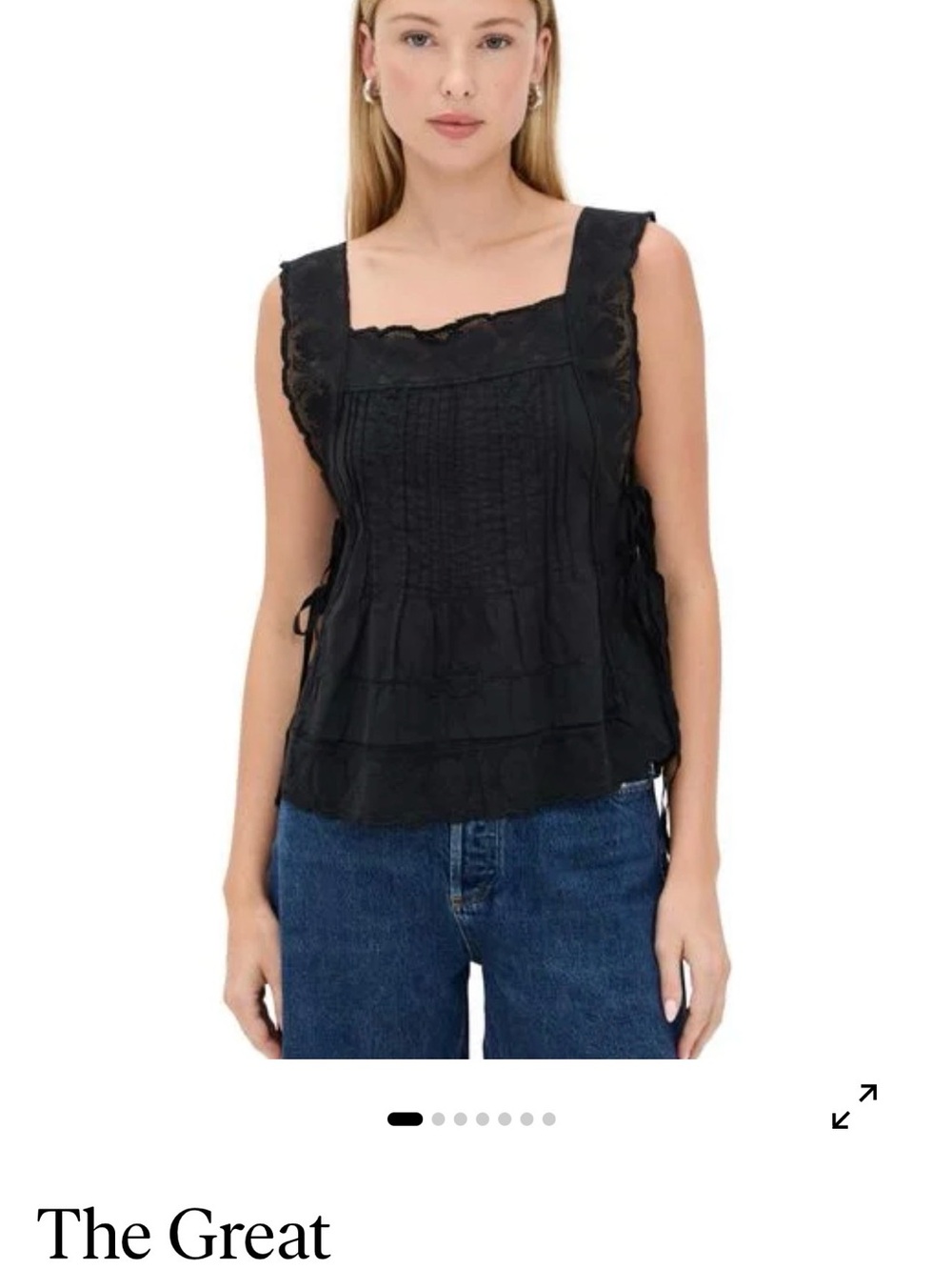 THE GREAT. Black Square-Neck Lace-Trim Camisole